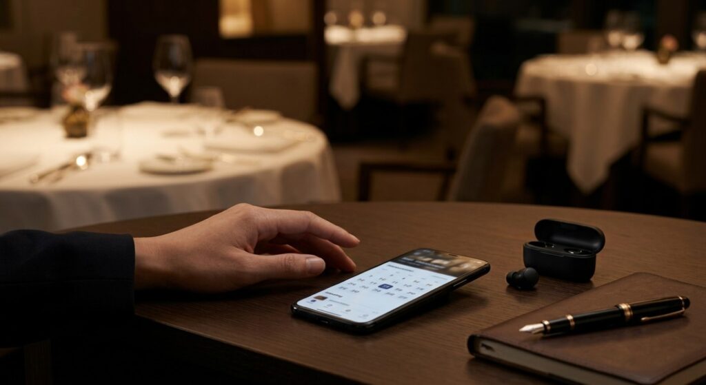 高級レストランの予約を試みるスマートフォンの操作画面と手元のイメージ