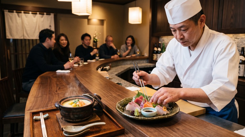 高級日本料理店の木製カウンターで職人が刺身を丁寧に盛り付ける様子と店内の落ち着いた雰囲気