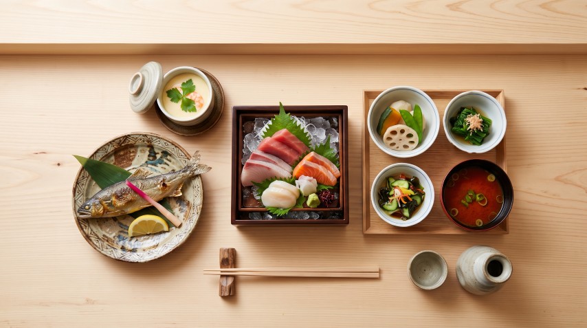 白木のカウンターに美しく整然と配膳された刺身盛り合わせや焼き魚などの懐石料理コースの俯瞰