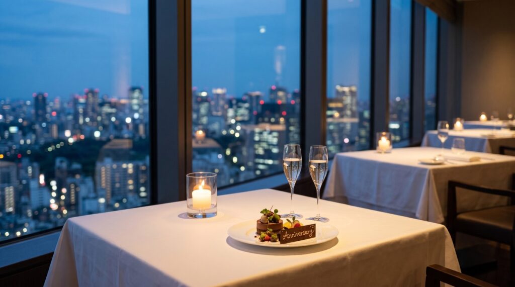 夜景を望む窓際席でキャンドルとデザートを囲む様子
