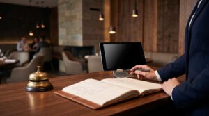 高級レストランのレセプションでタブレットを用いて予約を管理する様子