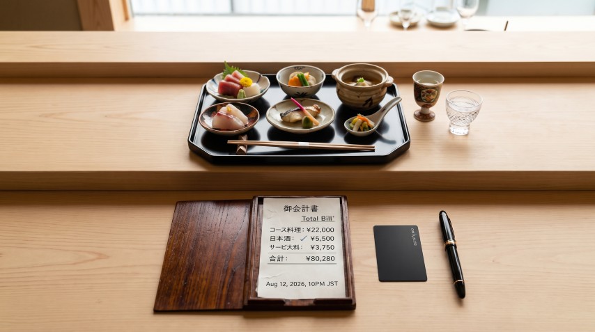 檜のカウンターに並ぶ会席料理と手前の伝票一式