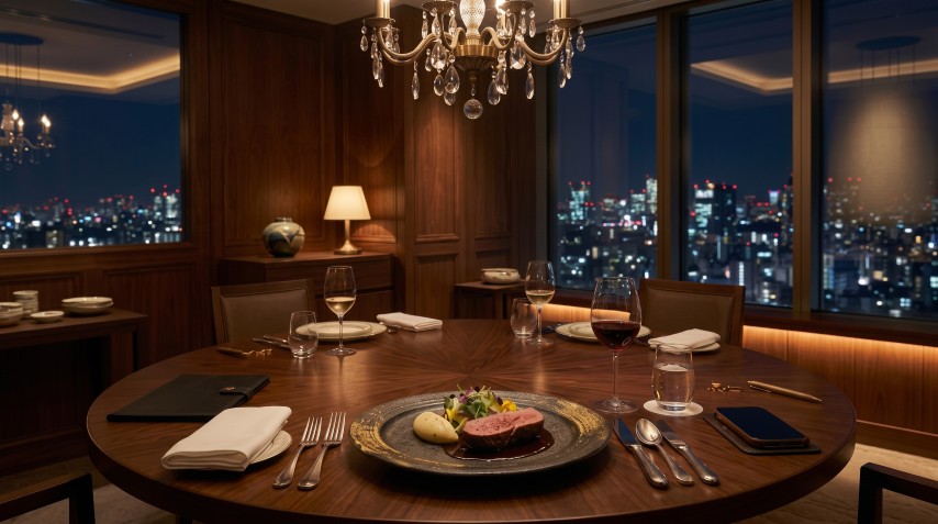 肉料理がセッティングされた円卓、窓外に都市の夜景が広がる個室の様子