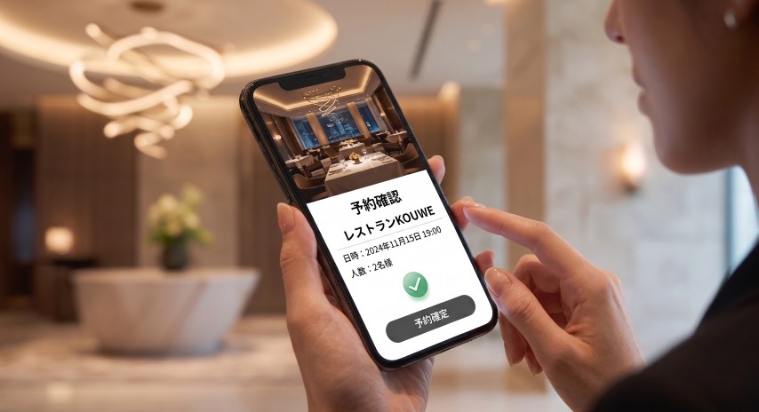 スマートフォンの画面に表示されたレストラン予約確認画面を操作する様子