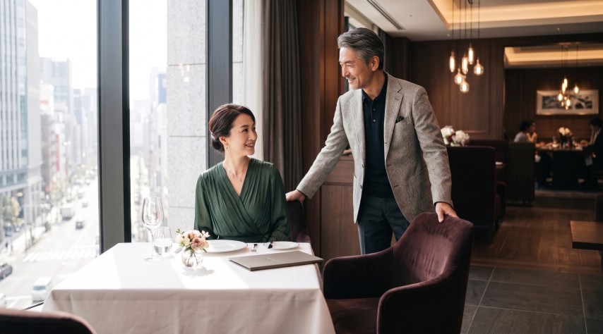 着席をエスコートする男女と窓際のテーブル席の様子