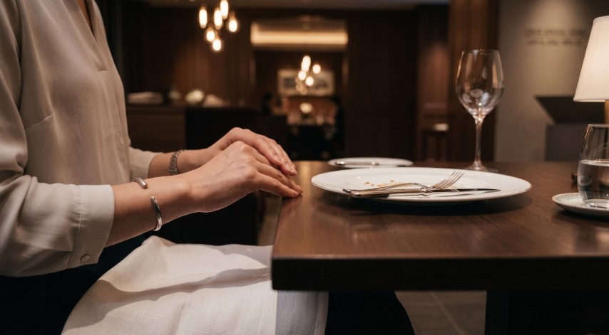 膝上のナプキンと食後の皿に揃えられたカトラリーのシーン