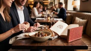 赤いガイドブックとボリュームある料理を囲むテーブル席の様子。