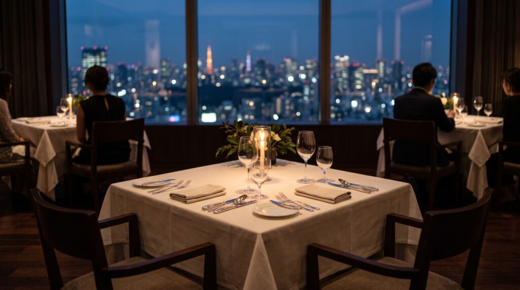 夜景を望む窓際席でキャンドルが揺らめく様子
