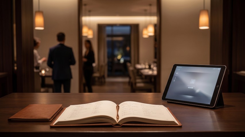 高級レストランのレセプションでタブレットを用いて予約を管理する様子。