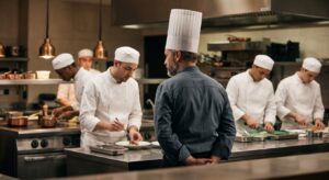 高級レストランの厨房で若手シェフたちを指揮するエグゼクティブシェフの様子