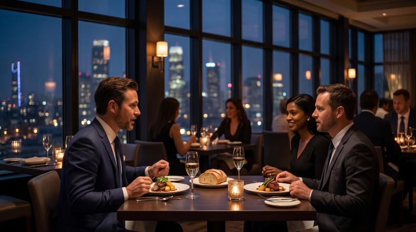 夜景を望む窓際席で食事と会話を楽しむ様子。