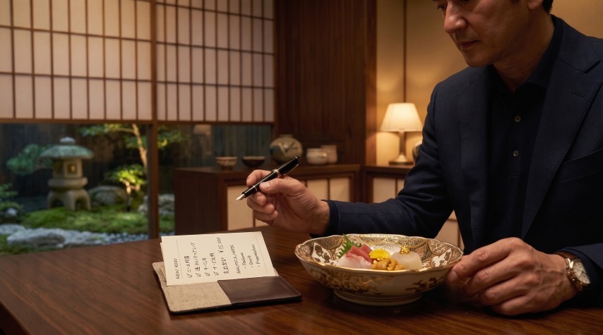 坪庭を望む料亭の個室で、造りを前に手帳と万年筆を持つ男性の様子