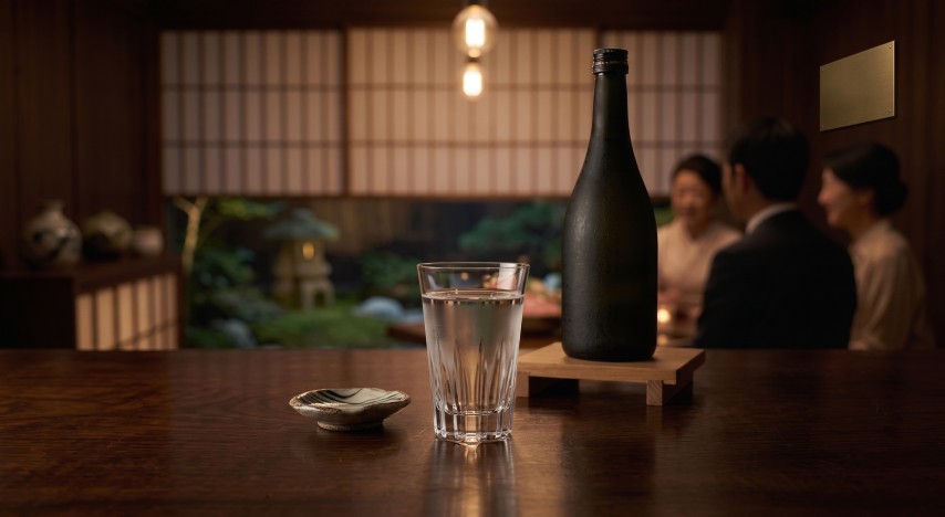 和の情緒漂うカウンター席に佇む日本酒のボトルとグラスの様子