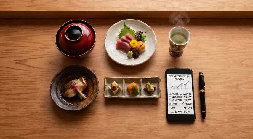 白木のテーブルに並ぶ懐石料理一式と、支出分析画面が表示されたスマートフォンの俯瞰シーン