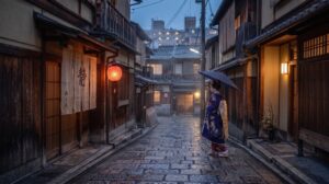 石畳の小路で傘をさして佇む和装の女性と軒先の提灯のシーン