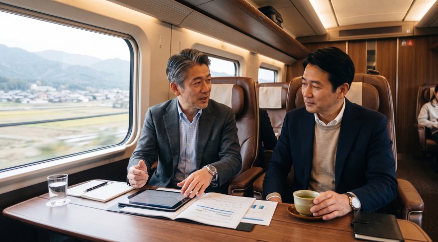 特別車両で資料を広げ歓談する男性二人の車内風景の様子