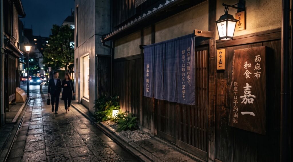 藍色の暖簾と行灯が灯る静かな裏路地の佇まいのイメージ