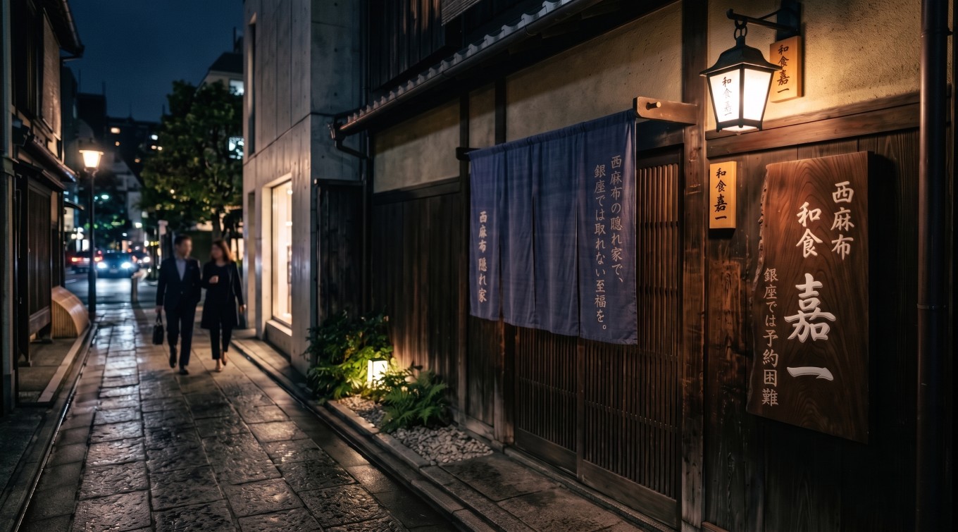藍色の暖簾と行灯が灯る静かな裏路地の佇まいのイメージ