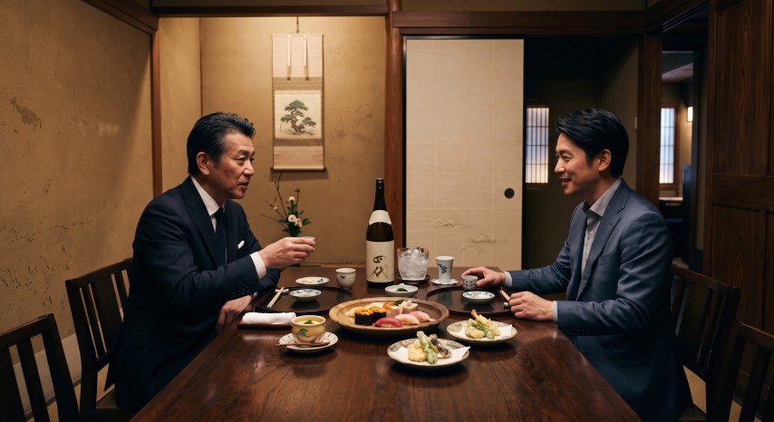 和室個室で日本酒と和食を囲み歓談する男性二人の様子