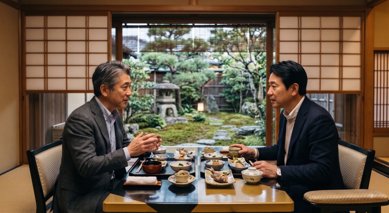 庭園を望む和室で会席膳を囲み対話する男性二人の様子