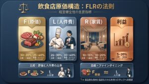 飲食店における原価・人件費・家賃比率を示したFLRの構造図（イメージ）