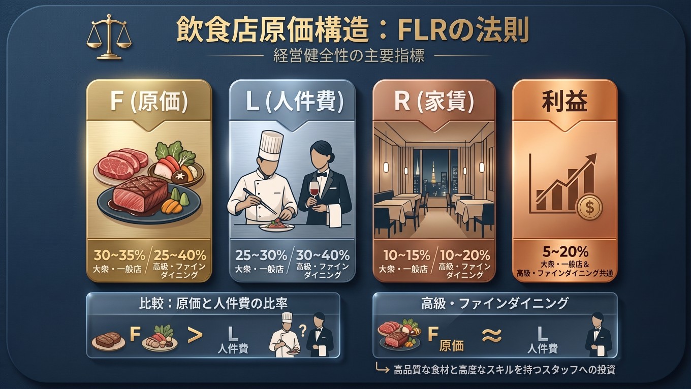 飲食店における原価・人件費・家賃比率を示したFLRの構造図(イメージ)