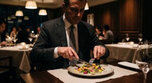 高級レストランで審査員がフレンチの一皿をナイフとフォークで食事をする様子