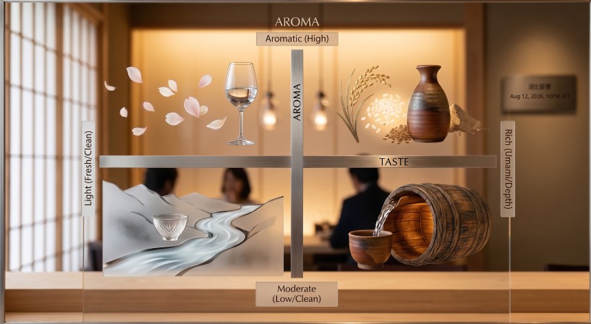 日本酒の香りと味わいの傾向を4象限で示したマップ（イメージ）