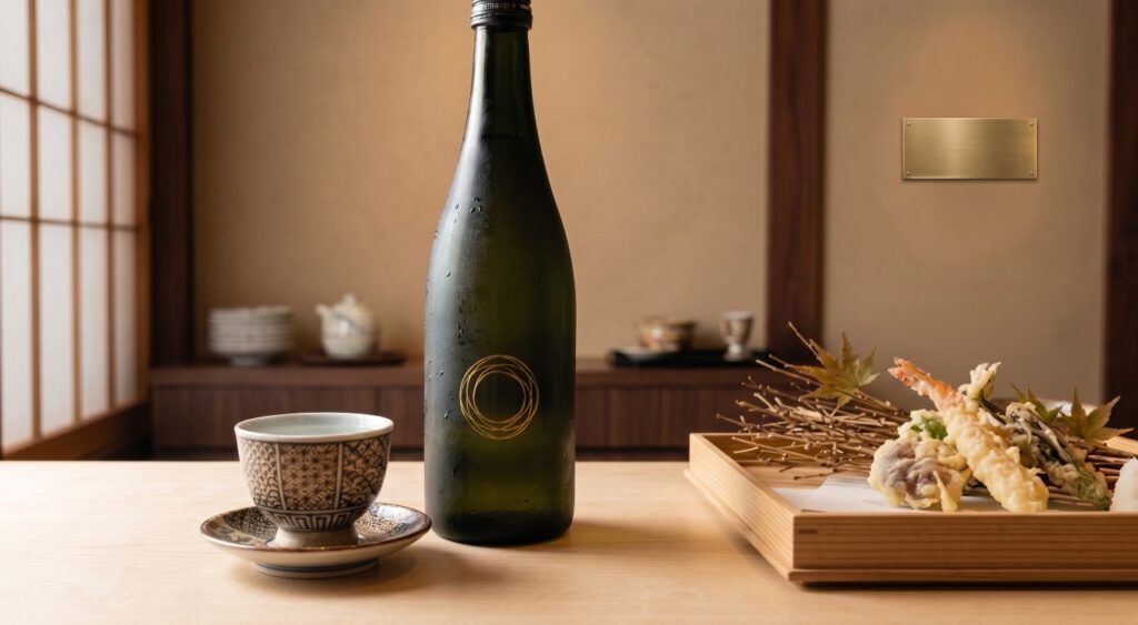 カウンター席に並ぶ日本酒のボトル、お猪口、天ぷら盛りの様子