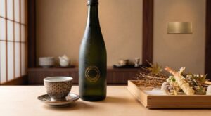 カウンター席に並ぶ日本酒のボトル、お猪口、天ぷら盛りの様子