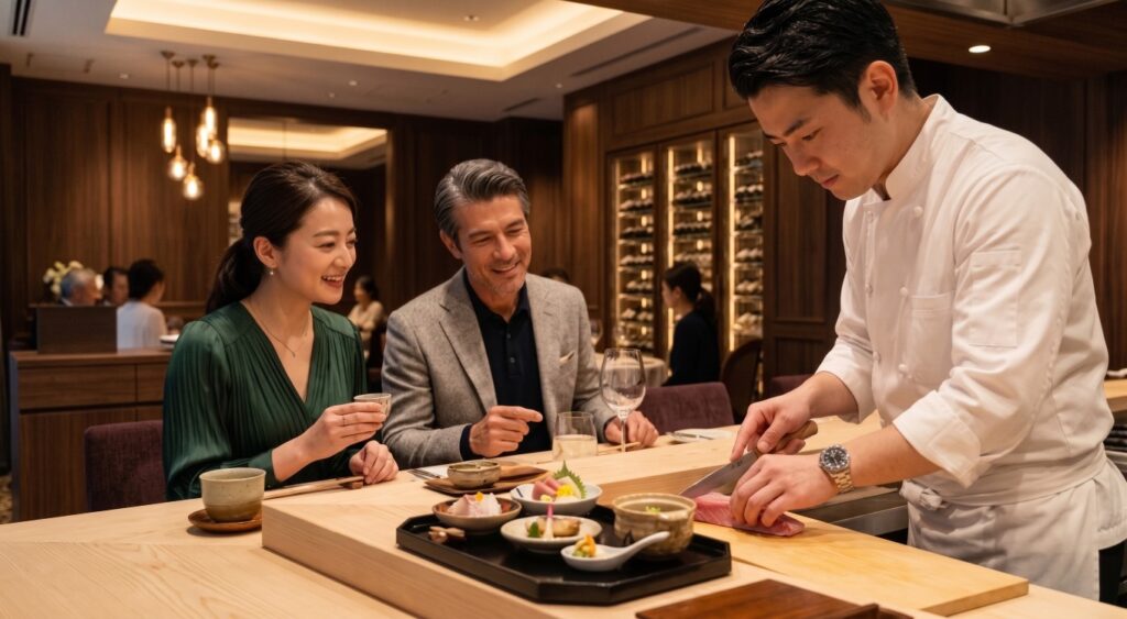 鮨カウンターで板前がネタを切り、ゲストがそれを見守るおまかせの様子