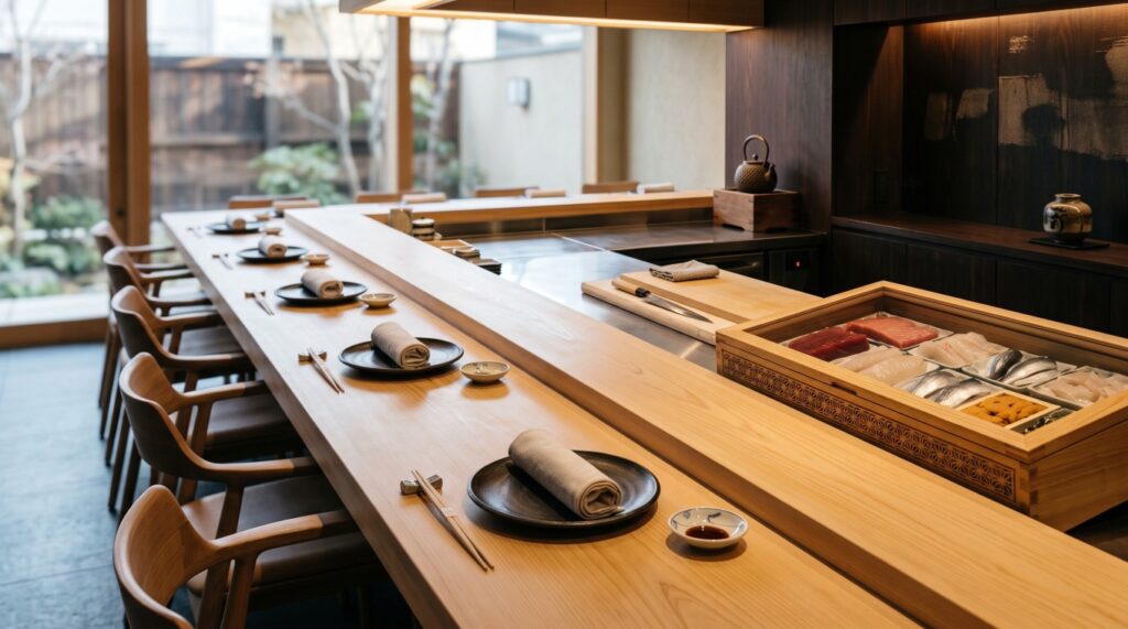 客を待つ高級寿司店のカウンター席と食材の様子。