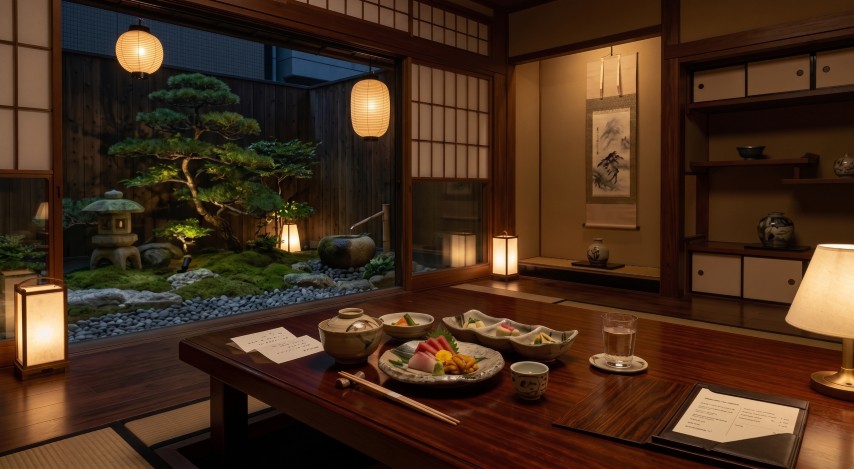坪庭を望む夜の料亭座敷個室に、造りや煮物椀が並ぶ座卓が設えられた様子