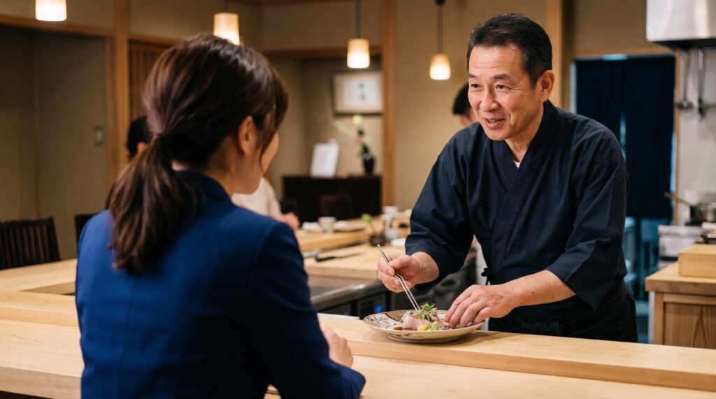 カウンター席で料理人と信頼関係を築く様子。