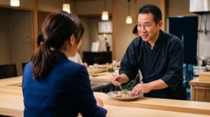 カウンター席で料理人と信頼関係を築く様子。
