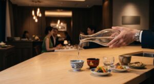 和のカウンター席で懐石料理と日本酒を愉しむ、大人の会食シーン