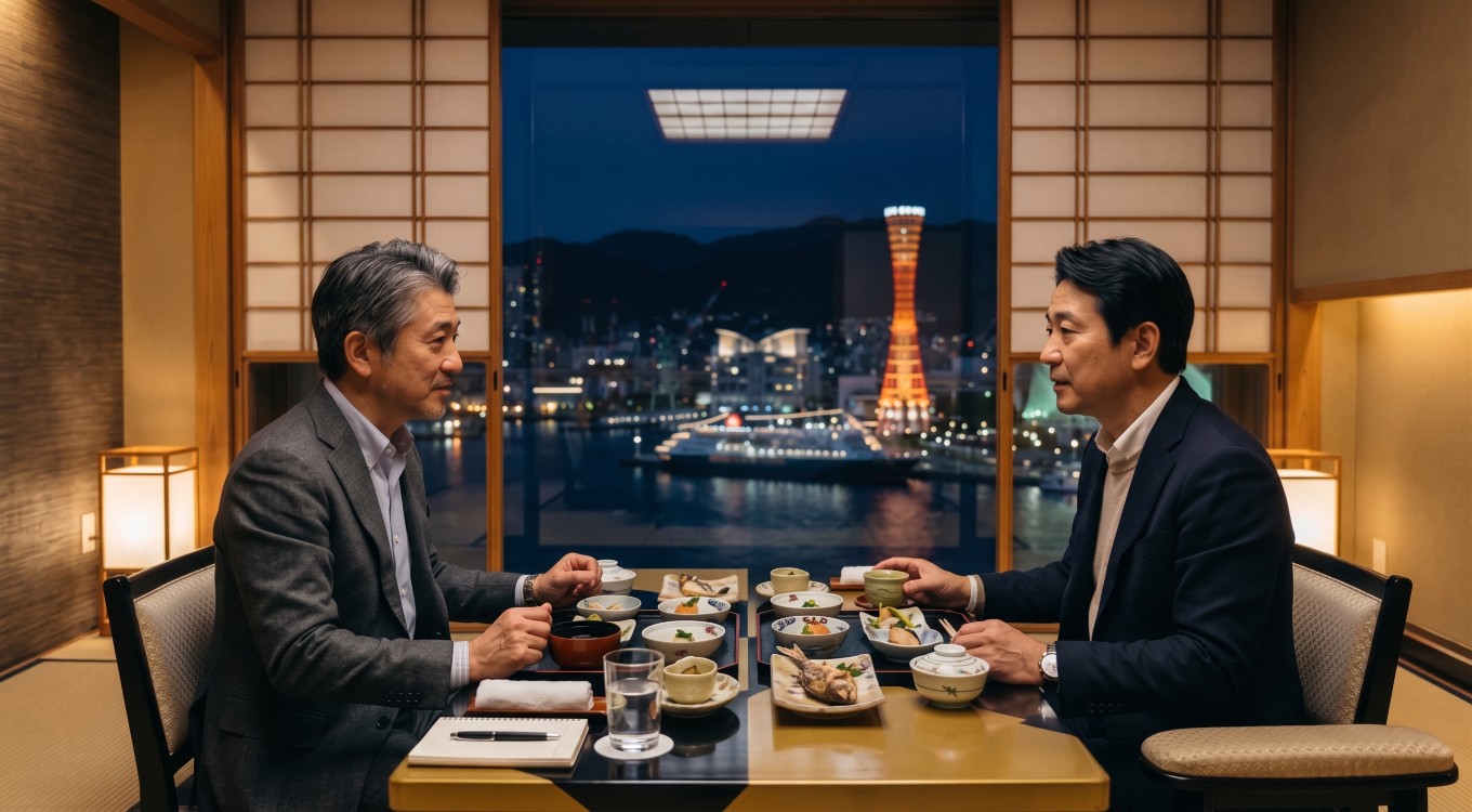 神戸の夜景を背景に和食の会席を囲む個室での会食シーン