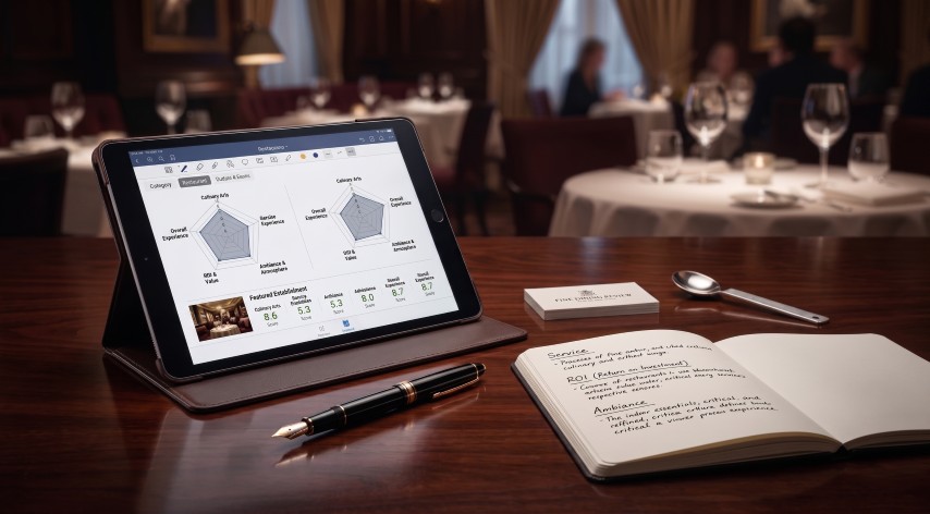 客席のテーブルに置かれた評価チャート表示のタブレットとノート