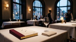 高級店の客席。星柄のメニューが置かれ、ミシュラン級の店舗経営を思わせるシーン。