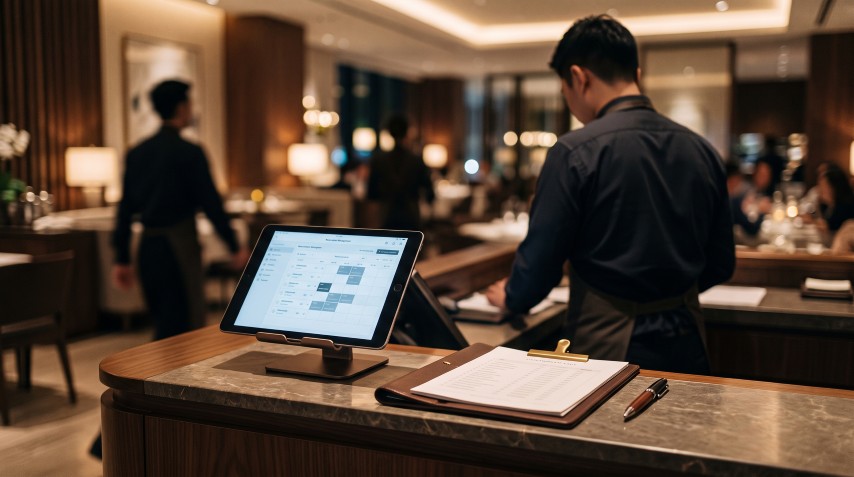 予約管理システムが表示されたタブレットと業務中のスタッフ。レストランの受付オペレーションの様子。