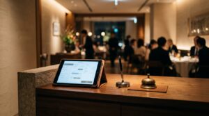 受付に設置された予約システム画面のタブレット端末。レストランの予約管理をイメージ。