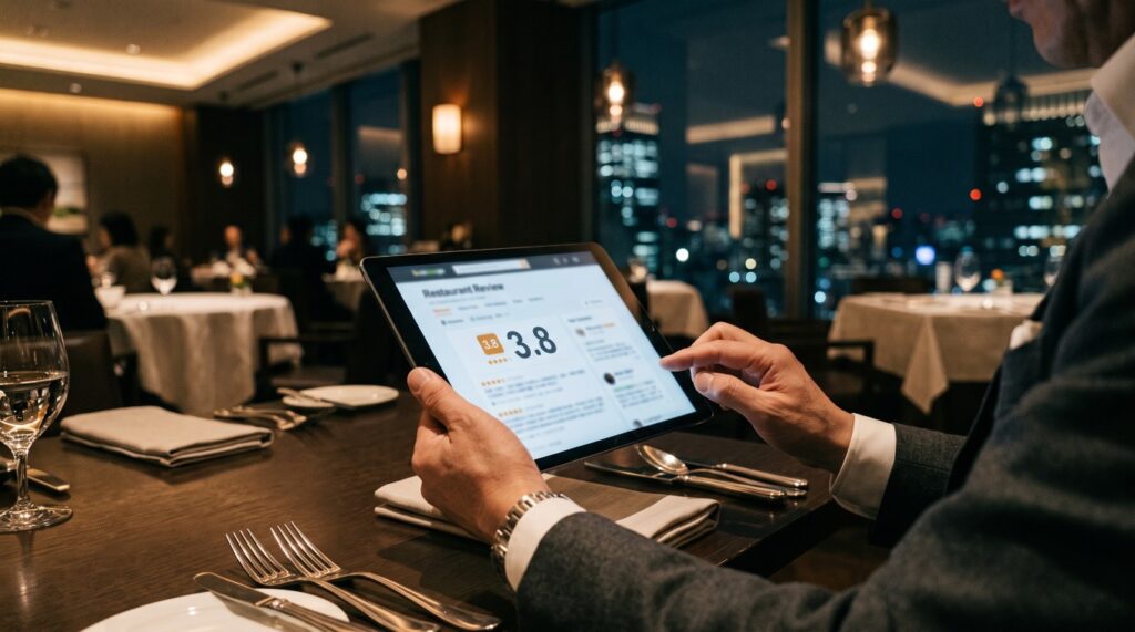 タブレットでグルメサイトの点数と評価を確認する高級レストランのディナーシーン