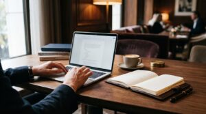 ラップトップとノートで作業するビジネスパーソンの様子。