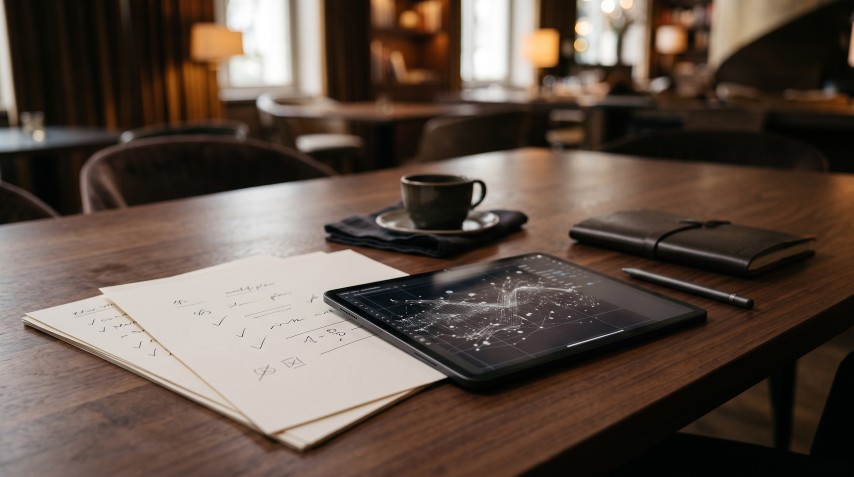 タブレットと書類、コーヒーカップが置かれたデスクの様子。